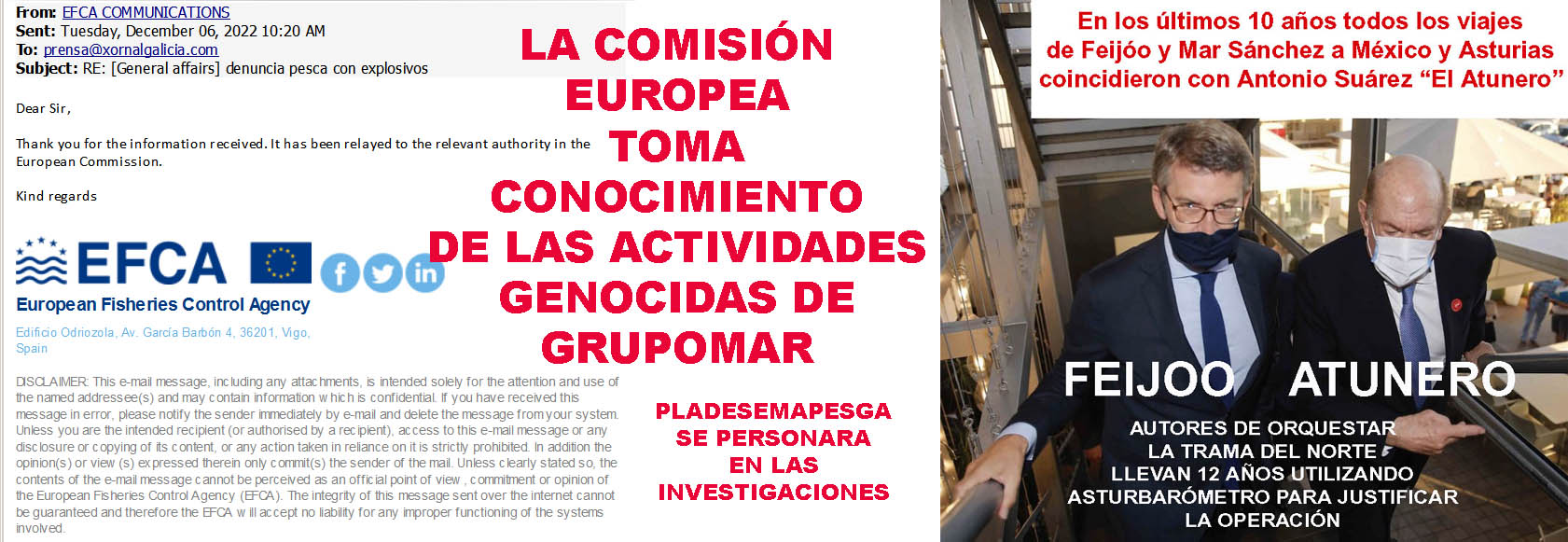 Xornal Galicia - La Agencia Europea de Control pesquero notifica a  PLADESEMAPESGA la entrada del dossier de GRUPOMAR y la pesca con explosivos.